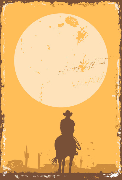 Силуэт одинокого ковбоя верхом на лошади на закате, Векторная иллюстрация
 - Вектор,изображение