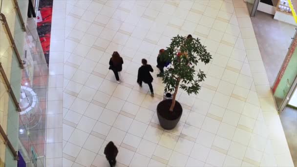Draufsicht auf wandelnde Menschen in der großen Halle des modernen Gebäude-Interieurs im Einkaufszentrum. - Filmmaterial, Video