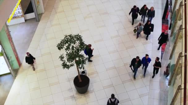 Κορυφαία θέα των ατόμων που περπατούν σε μεγάλη αίθουσα μοντέρνου κτηρίου στο εσωτερικό του εμπορικού κέντρου. - Πλάνα, βίντεο