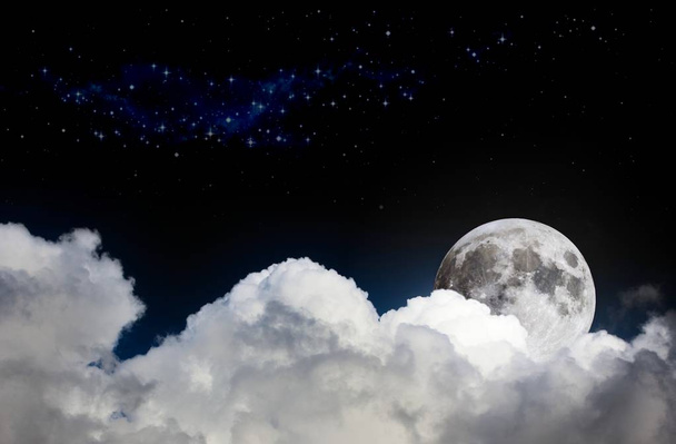 Night sky scene mock-up with white clouds, full moon and distant stars - Photo, Image