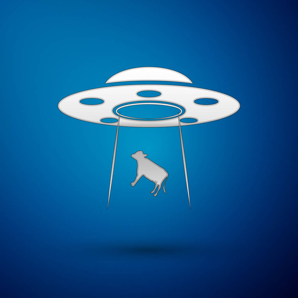 Zilveren UFO onttrekt koe icoon geïsoleerd op blauwe achtergrond. Vliegende schotel. Buitenaardse ruimteschip. Futuristisch onbekend vliegend object. Vector illustratie - Vector, afbeelding