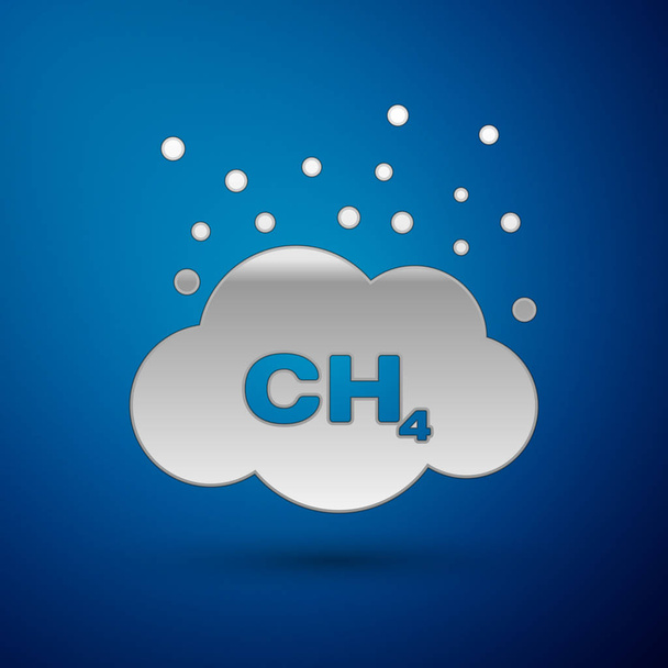 silbernes Symbol zur Reduzierung der Methanemissionen isoliert auf blauem Hintergrund. ch4-Molekülmodell und chemische Formel. Sumpfgas. Erdgas. Vektorillustration - Vektor, Bild