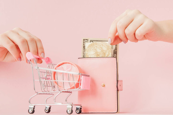 Dollars, gift box and pink wallet with credit card in woman's hands on pink background. - Fotografie, Obrázek