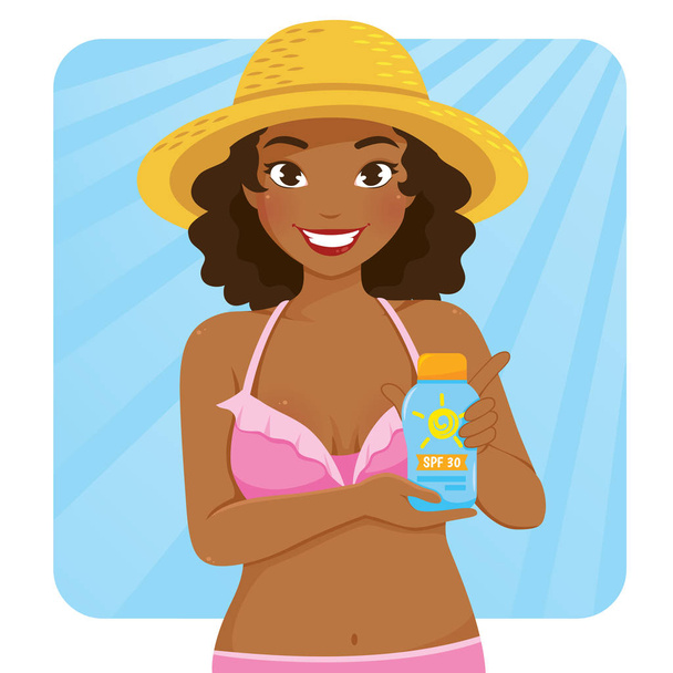Beautiful dark skinned girl in swimsuit holding a bottle of sunscreen - Vector, Image