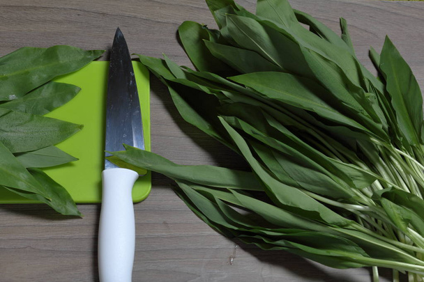 Fresh greens neatly laid out on the tabletop. Fragrant wild garlic. Next to the kitchen knife and cutting board. Ingredients for healthy salad. - Photo, image