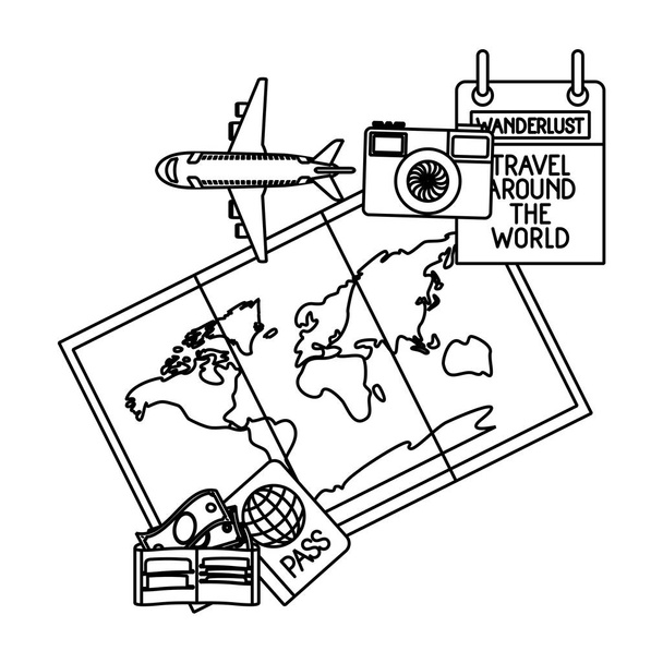 世界のアイコンの周りの旅行と紙の地図 - ベクター画像