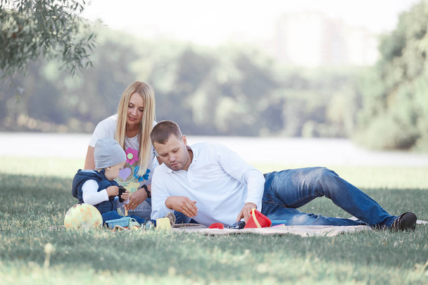 parents play with their little son sitting on the grass - Fotoğraf, Görsel