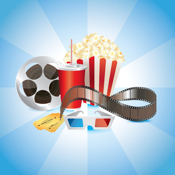 Cinematograph, film, popcorn, cola, and 3D glasses photo-realistic - Вектор,изображение