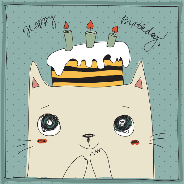 Cute cat, happy birthday card - Vector, Image