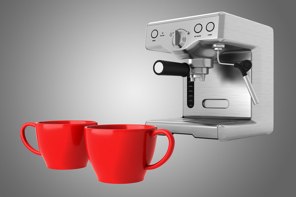 two red cups and coffee machine isolated on gray background - Photo, Image
