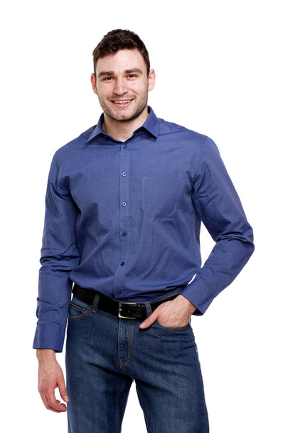 άνθρωπος σε ένα μπλε πουκάμισο που απομονώνονται σε λευκό - Φωτογραφία, εικόνα