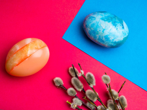 easter holidays postcard, colorful easter eggs and pussy willow branches on blue pink background - Photo, Image