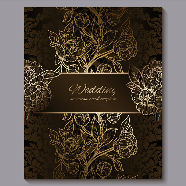 Exquise chocolade Royal luxe bruiloft uitnodiging, gouden bloemen achtergrond met frame en plaats voor tekst, Lacy gebladerte gemaakt van rozen of pioenrozen met gouden glanzende gradiënt. - Vector, afbeelding