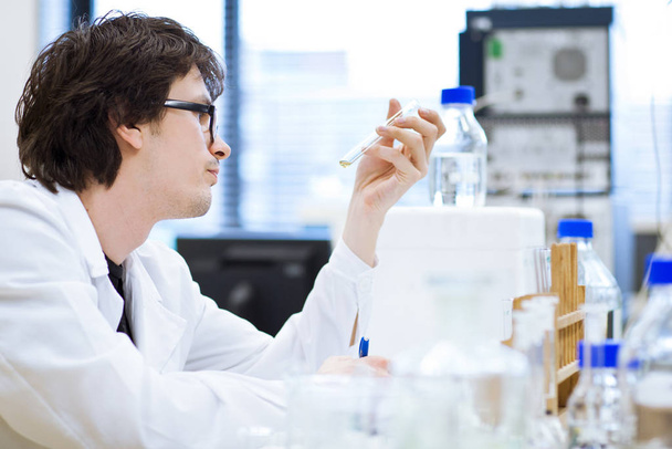 young, male researcher/chemistry student carrying out scientific research in a lab (shallow DOF  color toned image) - Photo, Image