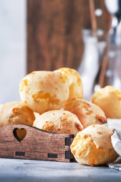 Delicious custard cheese buns on gray kitchen table background, selective focus. Place for text - Foto, Bild