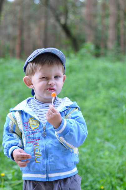 The kid eats candy on a stick with a disgruntled look on his fac - Photo, Image