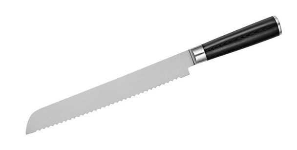 Couteau à pain japonais en acier avec lame dentelée sur fond blanc. Couteau de cuisine isolé avec chemin de coupe. Vue du dessus
 - Photo, image