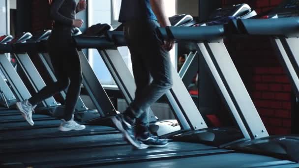 In the frame of male and female legs on a treadmill. - Footage, Video