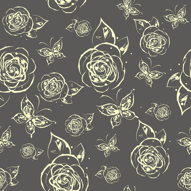 Grunge ink splash seamless pattern with roses and butterflies - Vektor, obrázek