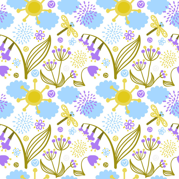 Vector seamless pattern with fantasy plants, flowers, clouds, sun and dragonfly - Διάνυσμα, εικόνα