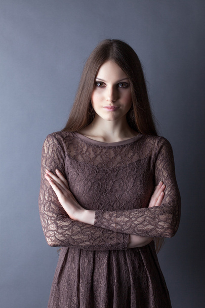 Lovely brunette posing in lace dress, close-up - Valokuva, kuva