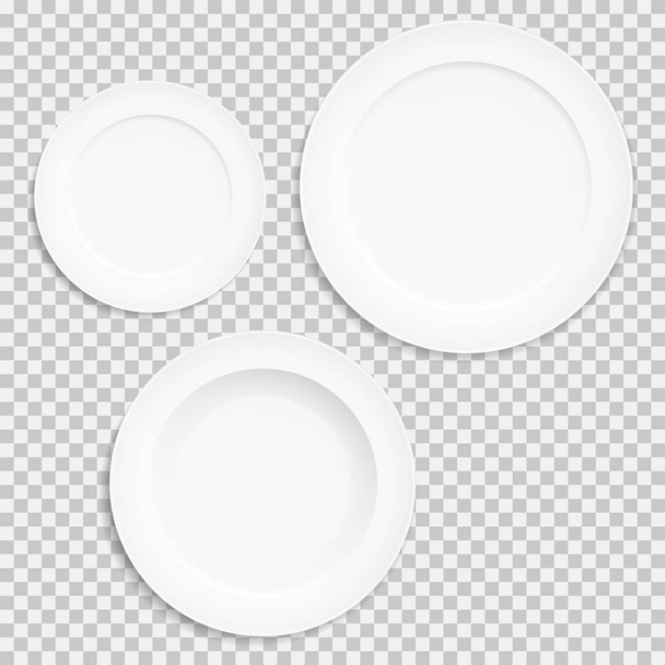 Set of realistic white plates. Kitchen utensils isolated on transparent background - vector - Vector, Image