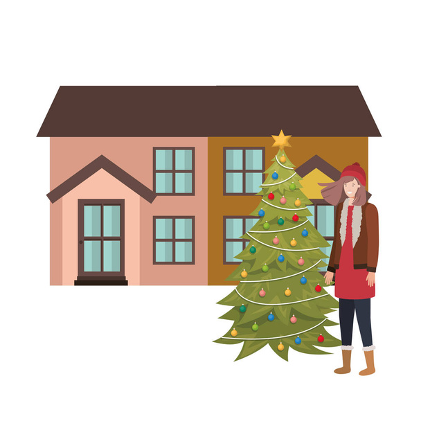 mujer con árbol de Navidad fuera de la casa
 - Vector, Imagen
