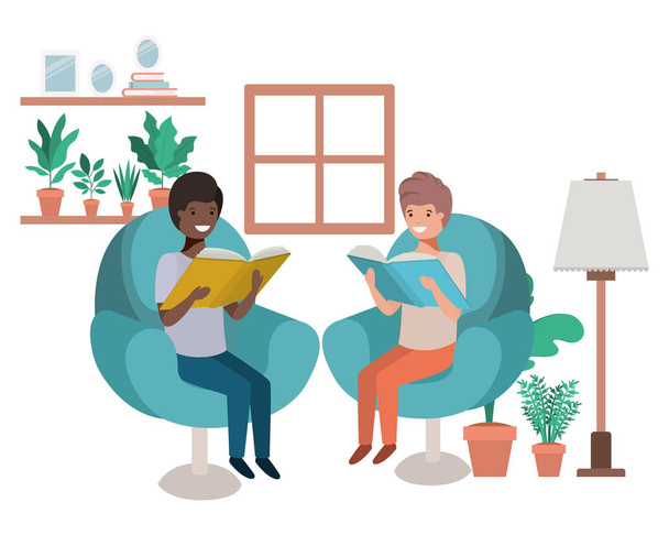 uomini con libro in soggiorno personaggio avatar
 - Vettoriali, immagini