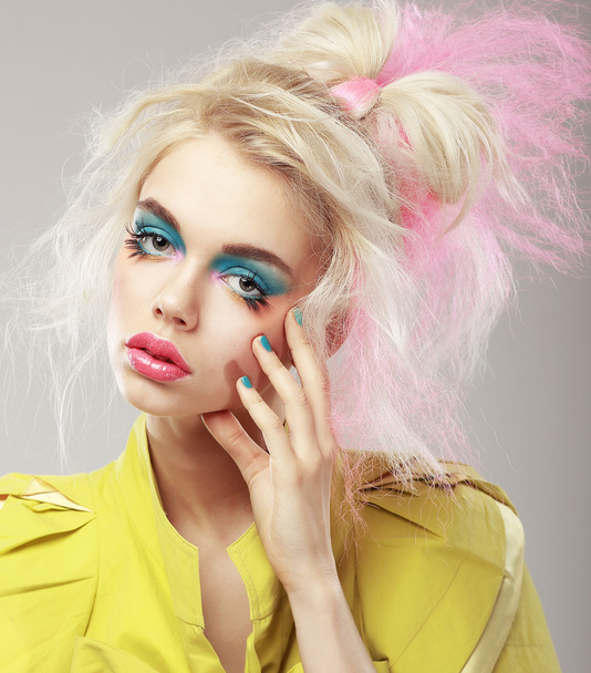 Portrait of Bright Blonde with Shaggy Hair and Blue Eye Makeup. Glam - Φωτογραφία, εικόνα