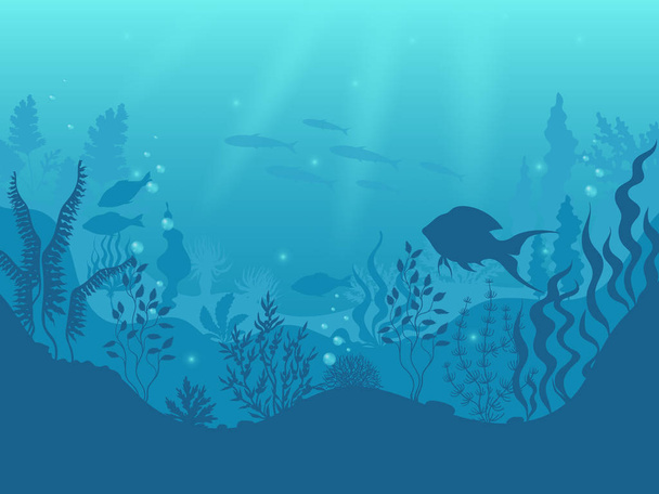 Fondo de silueta submarina. Arrecife de coral submarino, peces oceánicos y algas marinas escena de dibujos animados. Vida acuática vectorial y fondo marino
 - Vector, imagen