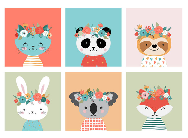 Cabezas de animales lindos con corona de flores, ilustraciones vectoriales para el diseño del vivero, póster, tarjetas de felicitación de cumpleaños. Panda, llama, zorro, koala, gato, perro, mapache y conejo
 - Vector, imagen