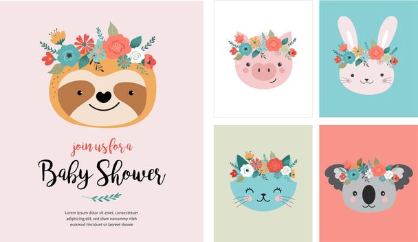 Cabezas de animales lindos con corona de flores, ilustraciones vectoriales para el diseño del vivero, póster, tarjetas de felicitación de cumpleaños. Panda, llama, zorro, koala, gato, perro, mapache y conejo
 - Vector, Imagen