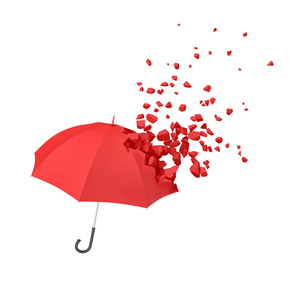 3d rendering of red umbrella shattering into small pieces isolated on white background - Photo, image