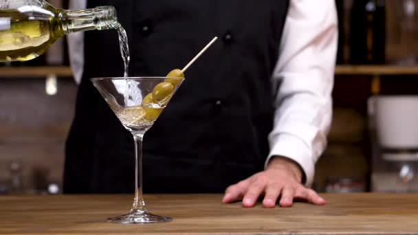 Barman gieten Martini in een cocktail glas in slow motion - Video