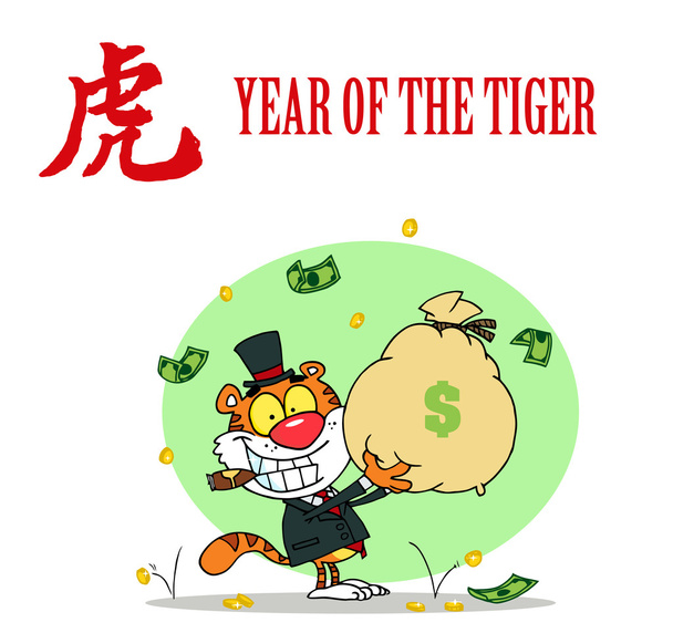 Tiger Holding A Money Bag With - Foto, afbeelding