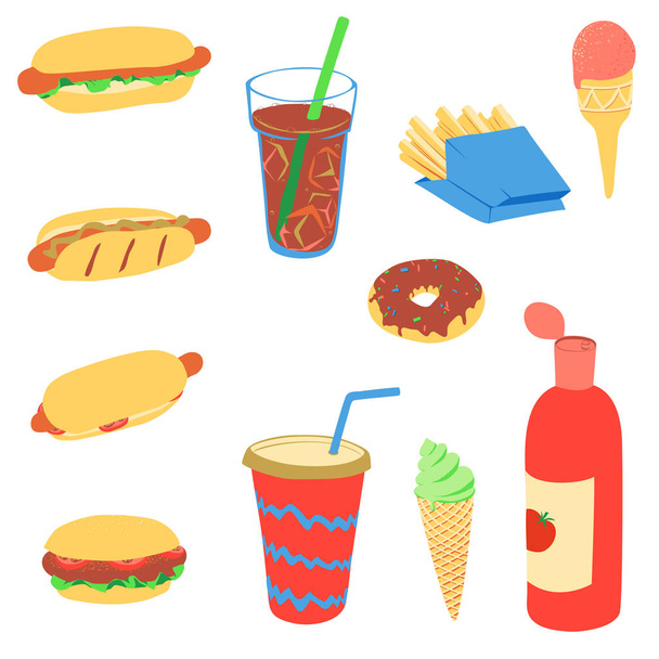 Set of fast food products. Street food concept. - Vector, afbeelding