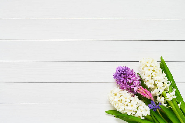 Гиацинтовые цветы на белом деревянном фоне. Вид сверху, копия spac
 - Фото, изображение