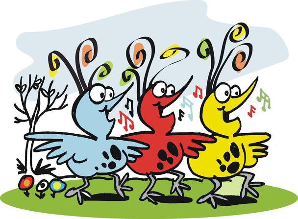 Vettoriale cartone animato di tre uccelli felici che cantano
 - Vettoriali, immagini