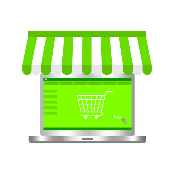 Ноутбук с навесом и корзиной на экране. Концепция покупок онлайн. Фон-векторная иллюстрация
.  - Вектор,изображение