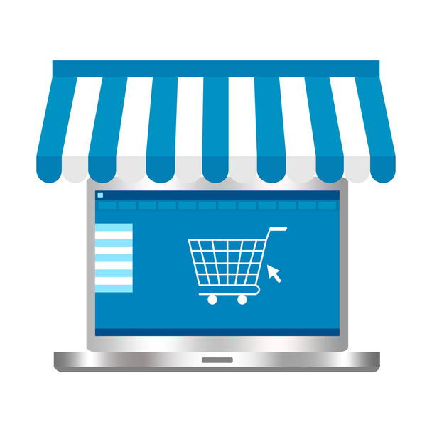 Laptop with canopy and cart on screen. Shopping online concept. Business background vector illustration.  - Vector, Image