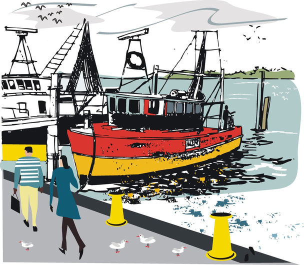 εικονογράφηση φορέας από τα αλιευτικά σκάφη που δένονται από τα αποβάθρα με - Διάνυσμα, εικόνα