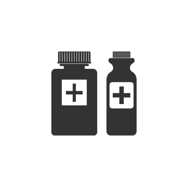 Butelki medyczne ikona na białym tle. Symbol tabletek. Opieka zdrowotna. Płaska konstrukcja. Ilustracja wektorowa - Wektor, obraz