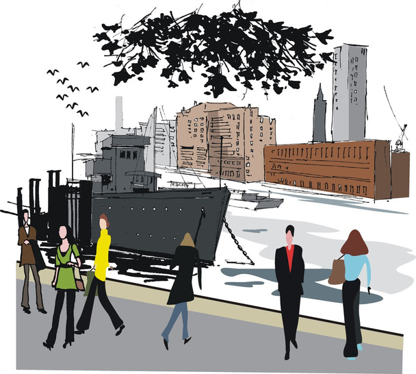 Векторная иллюстрация зданий вдоль Темзы, Лондон, Англия
 - Вектор,изображение