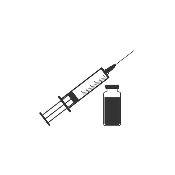 Lékařská injekční stříkačka s ikonou jehly a lahvičky. Koncepce očkování, injekce. Plochý design. Vektorová ilustrace - Vektor, obrázek