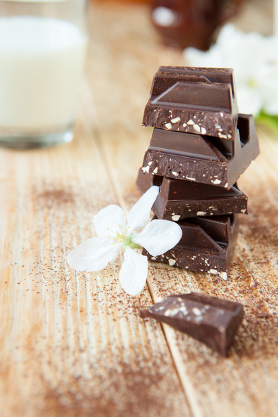 pieces of dark chocolate and a glass of milk - Photo, image