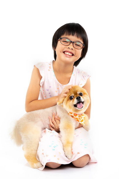 Retrato aislado niña asiática sosteniendo perro Pomerania con cuidado sobre fondo blanco. Estudio de chica y cachorro
 - Foto, Imagen