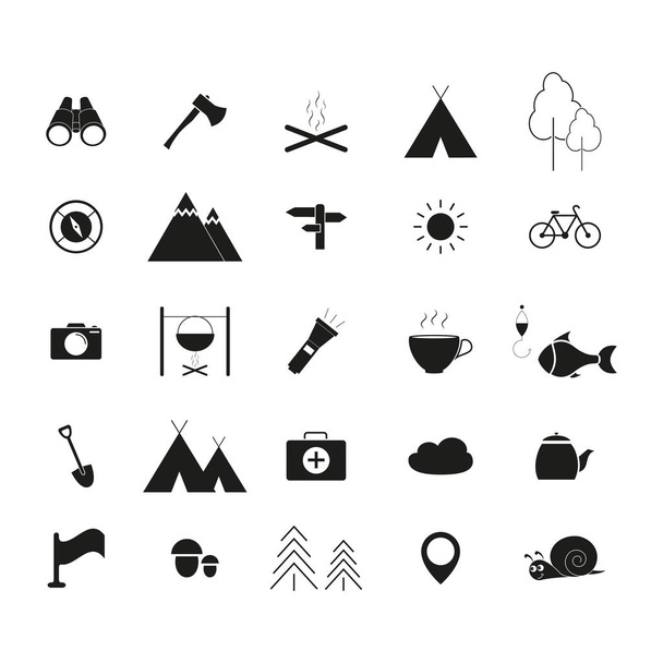 Set van de camping activiteiten een lijn iconen - Vector, afbeelding