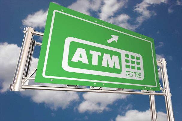 ATM Automated Teller Machine Bank Retirar Freeway Sign Direction Ilustração 3d
 - Foto, Imagem