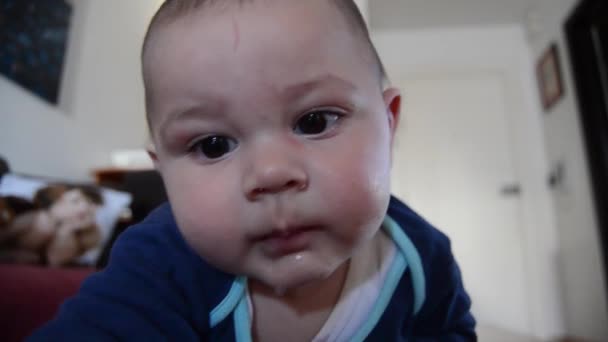 cute sześć miesięcy stary chłopiec o brzuch czas whila droolilng na jego sweter, starając się złapać aparat - Materiał filmowy, wideo
