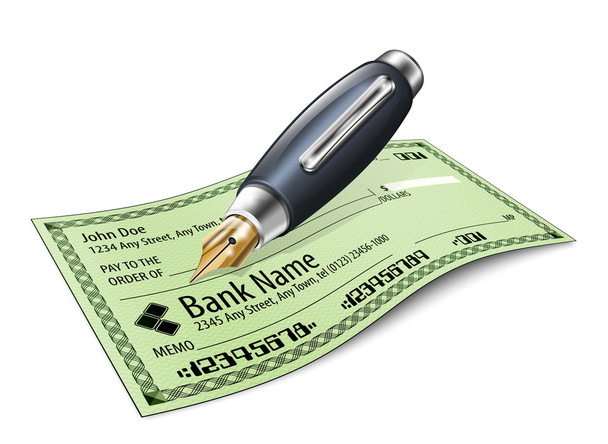 Bank check and fountain pen, vector illustration - Vector, Image